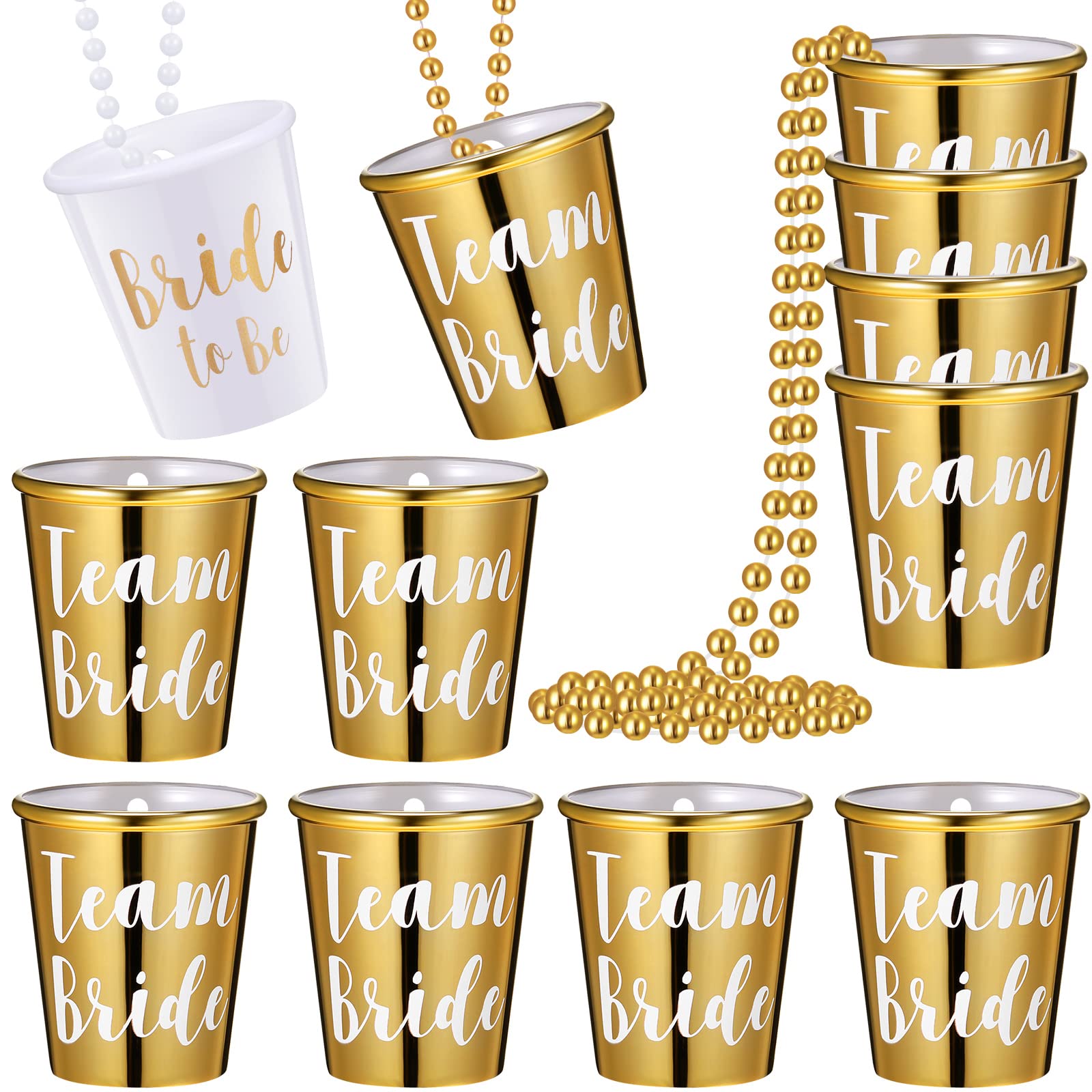 Maitys 12 Pieces Bride Plastic Beaded Bridal Shot Glass Necklace Gold Foil for Bachelorette Party Bridal Party Necklaces (White, Gold)