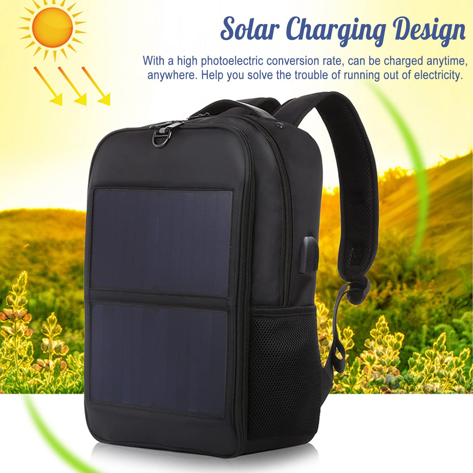 Yoidesu 14W Solar Backpack, Waterproof Solar Panel Power Backpack with Handle and USB Charging Port, Ergonomic Multifunction Laptop Bag Hiking Backpack for Running, Biking, Festivals, Travel