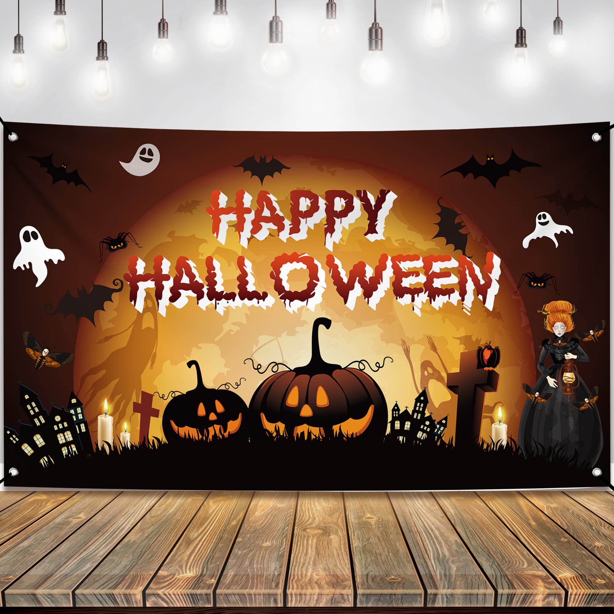 KatchOn, Haunted Happy Halloween Backdrop - XtraLarge, 72x44 Inch | Scary Pumpkin Happy Halloween Banner for Halloween Decorations Outdoor | Halloween Pumpkin Backdrop for Halloween Party Decorations