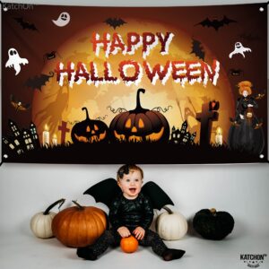 KatchOn, Haunted Happy Halloween Backdrop - XtraLarge, 72x44 Inch | Scary Pumpkin Happy Halloween Banner for Halloween Decorations Outdoor | Halloween Pumpkin Backdrop for Halloween Party Decorations