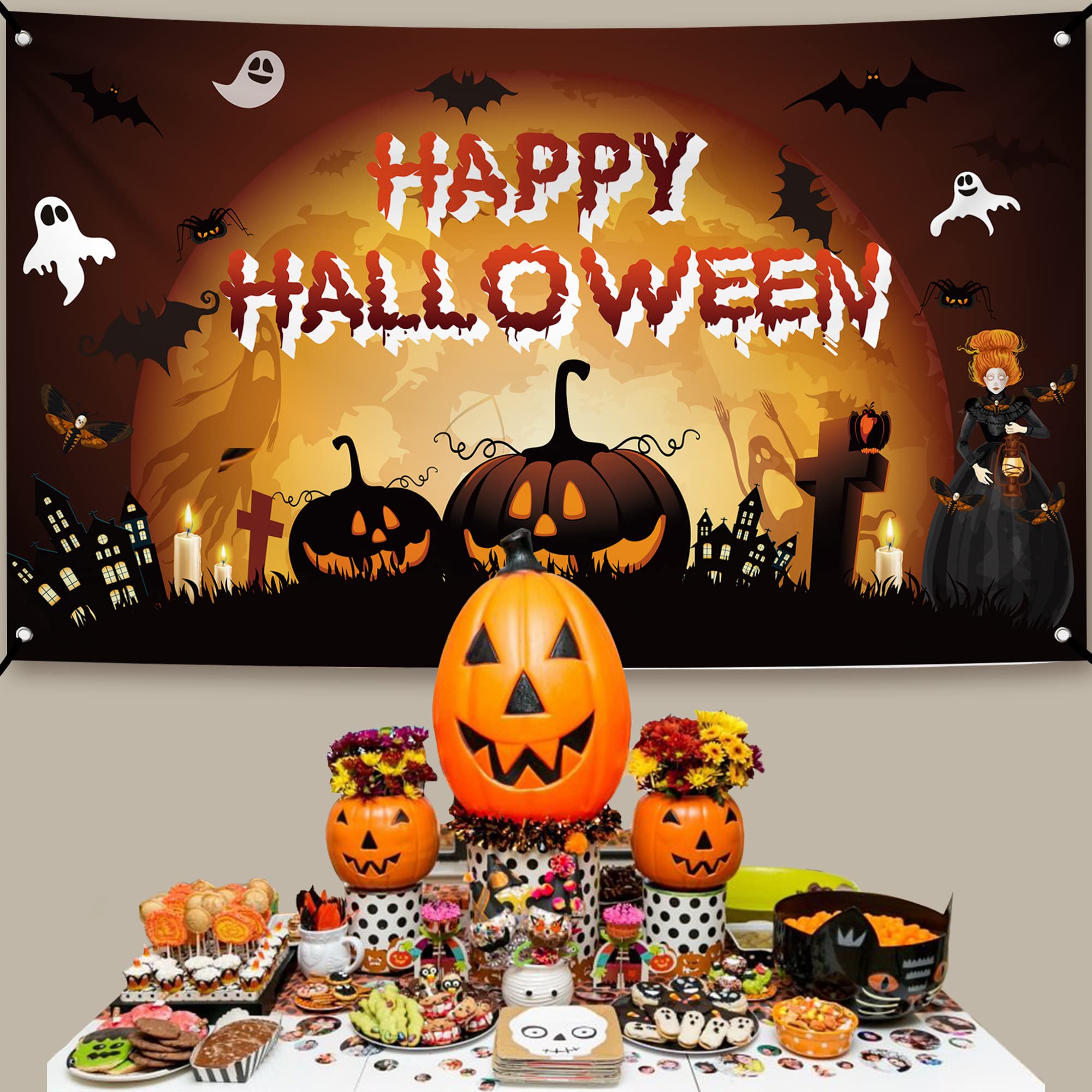 KatchOn, Haunted Happy Halloween Backdrop - XtraLarge, 72x44 Inch | Scary Pumpkin Happy Halloween Banner for Halloween Decorations Outdoor | Halloween Pumpkin Backdrop for Halloween Party Decorations