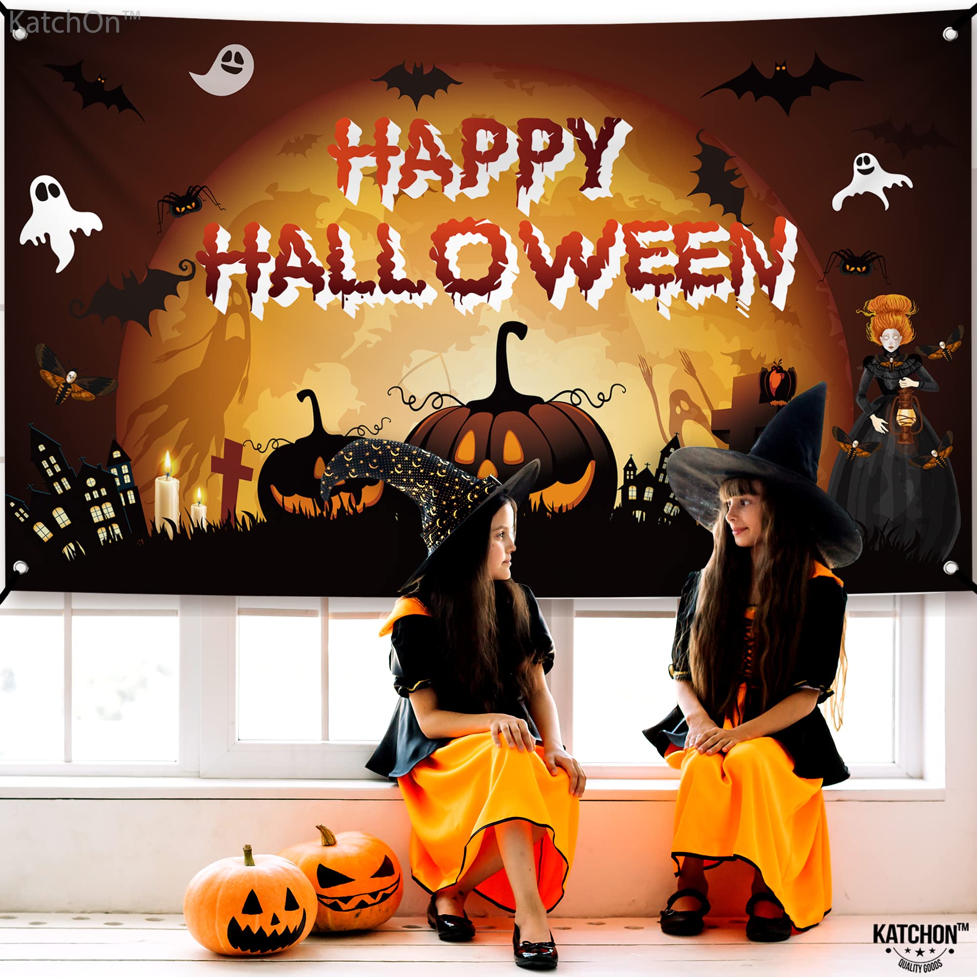 KatchOn, Haunted Happy Halloween Backdrop - XtraLarge, 72x44 Inch | Scary Pumpkin Happy Halloween Banner for Halloween Decorations Outdoor | Halloween Pumpkin Backdrop for Halloween Party Decorations