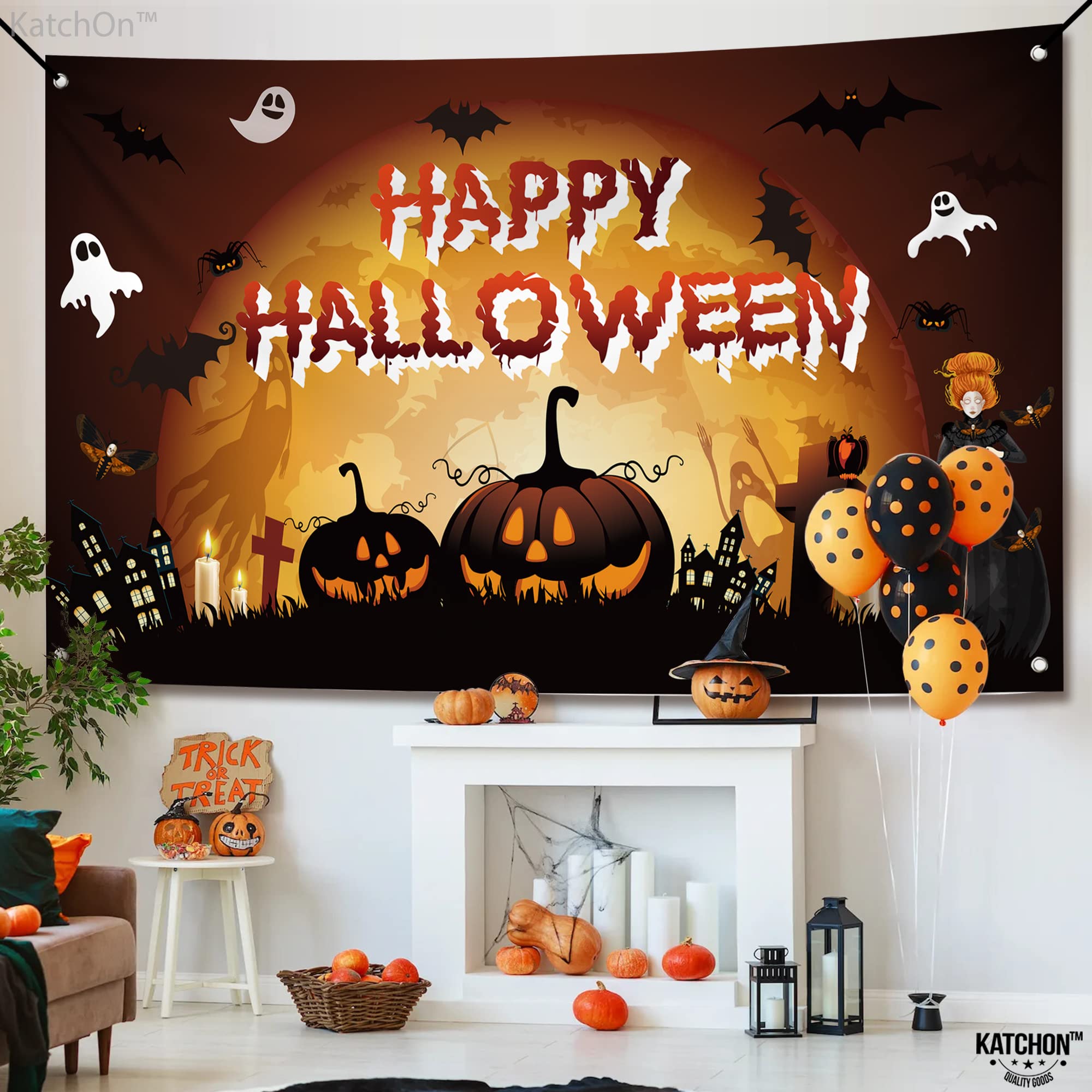 KatchOn, Haunted Happy Halloween Backdrop - XtraLarge, 72x44 Inch | Scary Pumpkin Happy Halloween Banner for Halloween Decorations Outdoor | Halloween Pumpkin Backdrop for Halloween Party Decorations