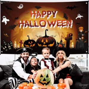 KatchOn, Haunted Happy Halloween Backdrop - XtraLarge, 72x44 Inch | Scary Pumpkin Happy Halloween Banner for Halloween Decorations Outdoor | Halloween Pumpkin Backdrop for Halloween Party Decorations