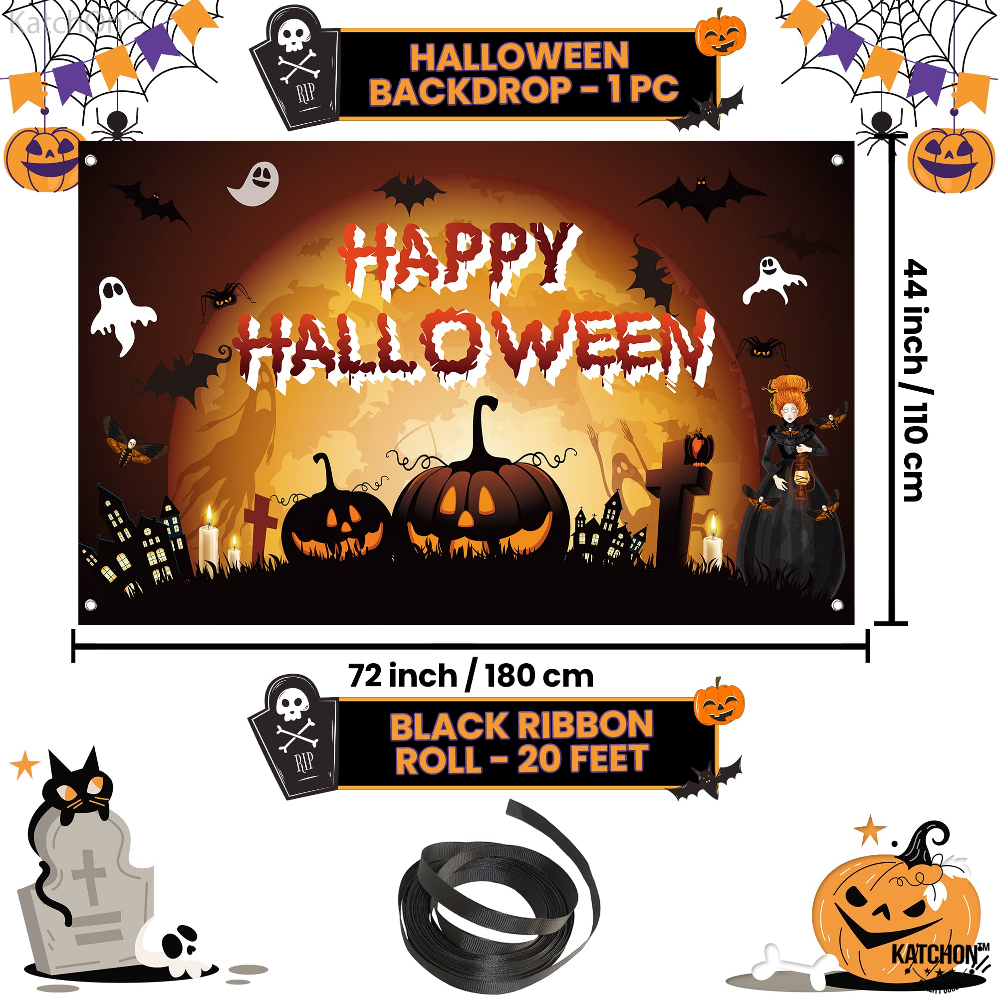 KatchOn, Haunted Happy Halloween Backdrop - XtraLarge, 72x44 Inch | Scary Pumpkin Happy Halloween Banner for Halloween Decorations Outdoor | Halloween Pumpkin Backdrop for Halloween Party Decorations