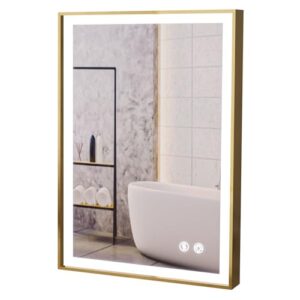 led lighted bathroom mirror 24 x 36 inch, champagne gold framed wall mounted dimmable vanity mirror, anti-fog touch sensor, adjustable color warm/white/natural