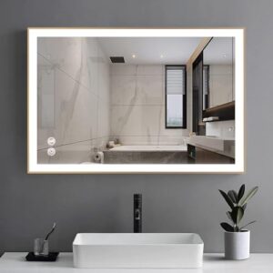 LED Lighted Bathroom Mirror 24 x 36 Inch, Champagne Gold Framed Wall Mounted Dimmable Vanity Mirror, Anti-Fog Touch Sensor, Adjustable Color Warm/White/Natural