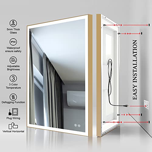 LED Lighted Bathroom Mirror 24 x 36 Inch, Champagne Gold Framed Wall Mounted Dimmable Vanity Mirror, Anti-Fog Touch Sensor, Adjustable Color Warm/White/Natural