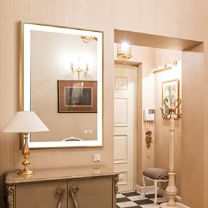 LED Lighted Bathroom Mirror 24 x 36 Inch, Champagne Gold Framed Wall Mounted Dimmable Vanity Mirror, Anti-Fog Touch Sensor, Adjustable Color Warm/White/Natural