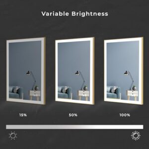 LED Lighted Bathroom Mirror 24 x 36 Inch, Champagne Gold Framed Wall Mounted Dimmable Vanity Mirror, Anti-Fog Touch Sensor, Adjustable Color Warm/White/Natural