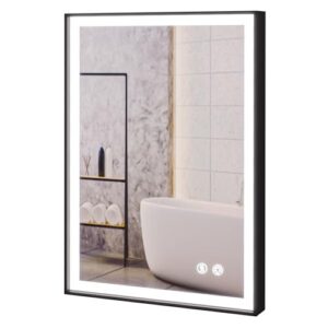 fab glass and mirror led lighted bathroom mirror 30 x 40 inch, black framed wall mounted dimmable vanity mirror, anti-fog touch sensor, adjustable color warm/white/natural