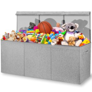 kids toy chest for boys & girls - stylish versatile stuffed animal holder & toddlers toy organizer makes play room organization easy - made with strong pp board - gray bin with cationic fabric