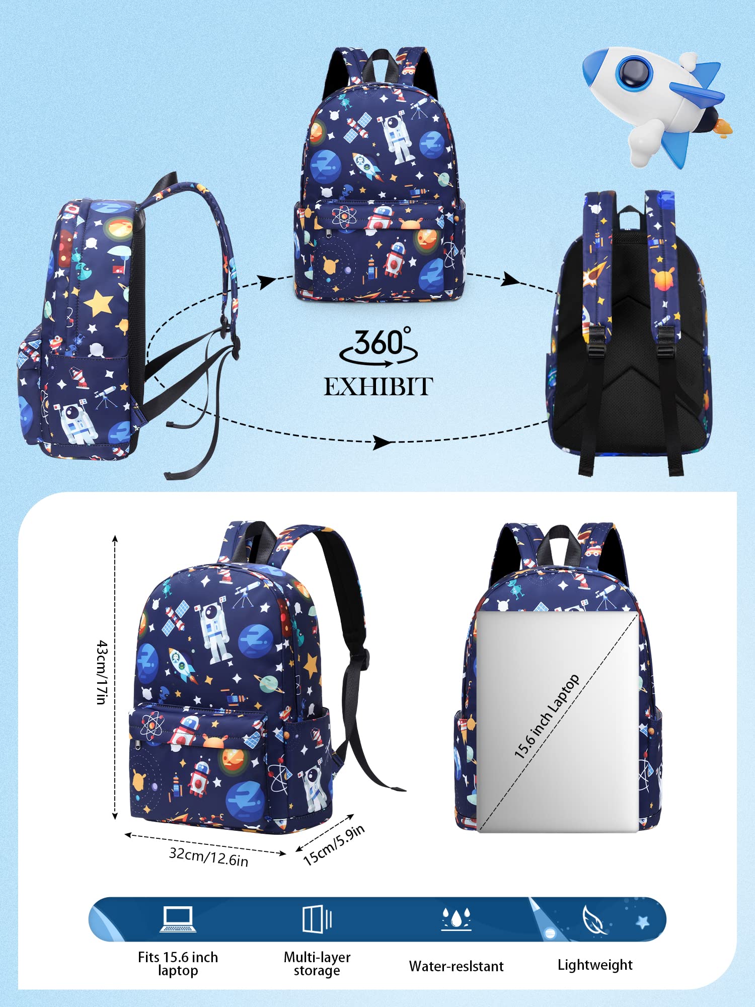 Tpeohan Blue Boys Backpacks for Elementary School Backpack for Boys 8-12 Middle School Space