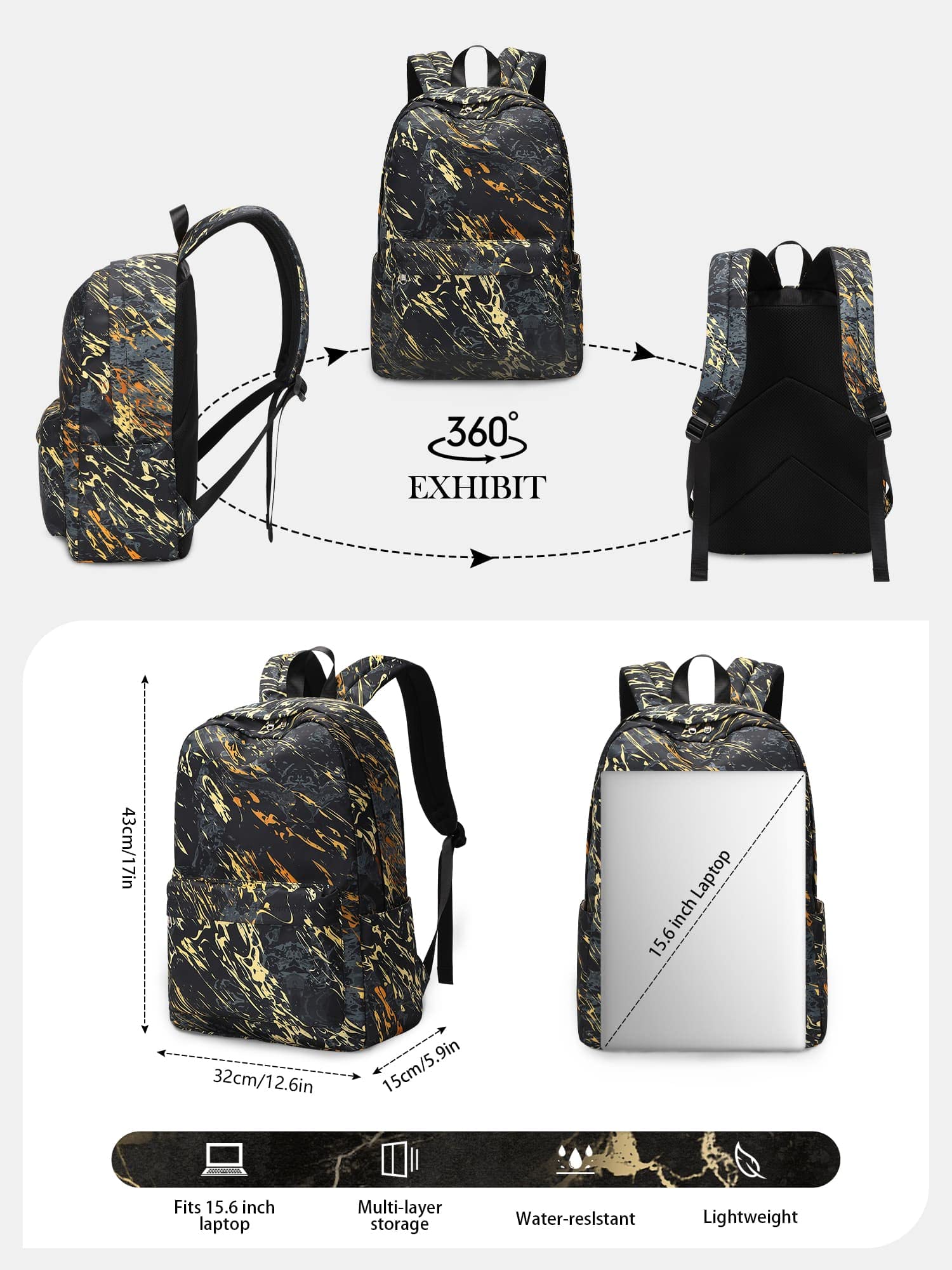 Tpeohan Black Backpacks for School Teen Boys Backpacks for Elementary Book Bags Marble