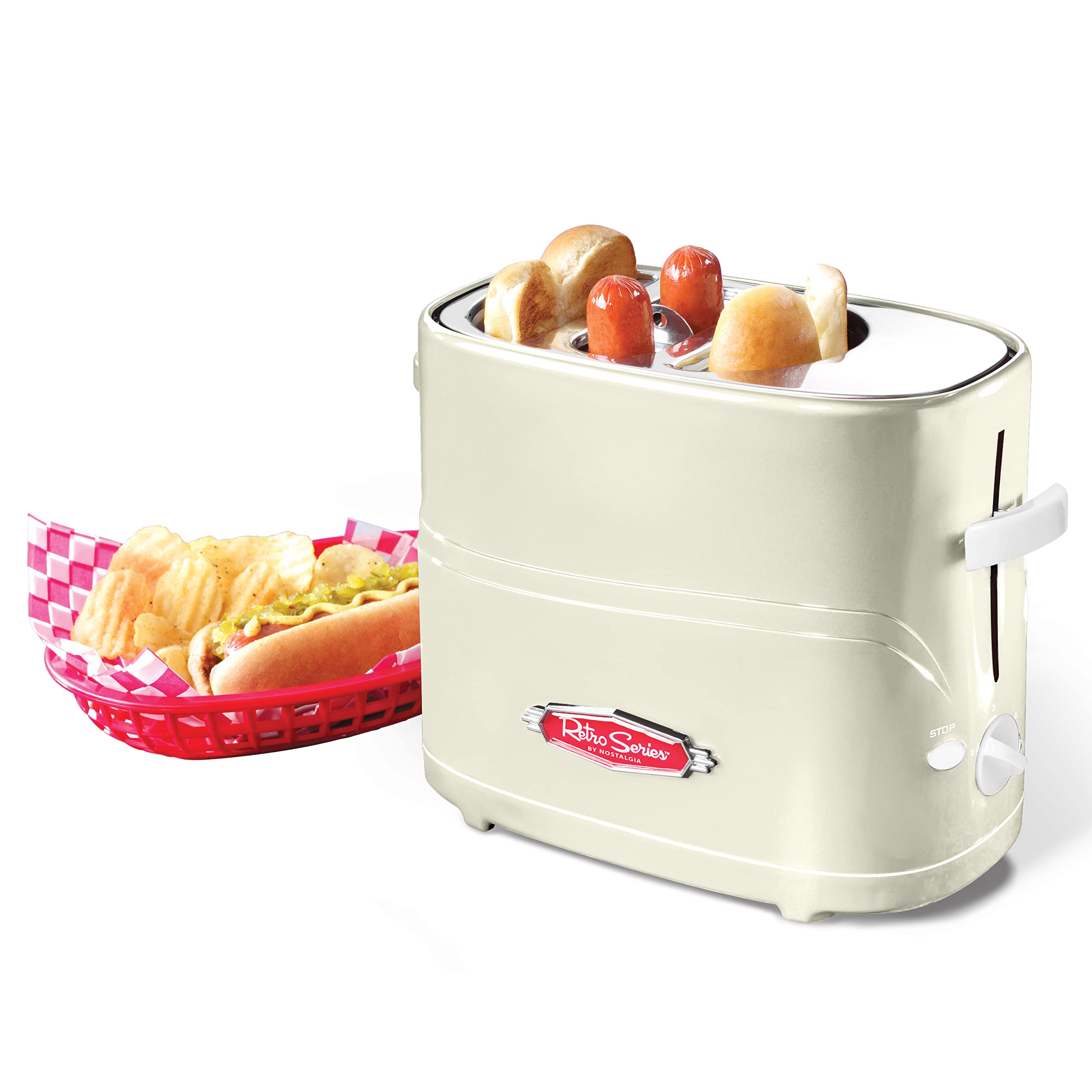 Nostalgia 2 Slot Hot Dog and Bun Toaster with Mini Tongs, Hot Dog Toaster Works with Chicken, Turkey, Veggie Links, Sausages and Brats