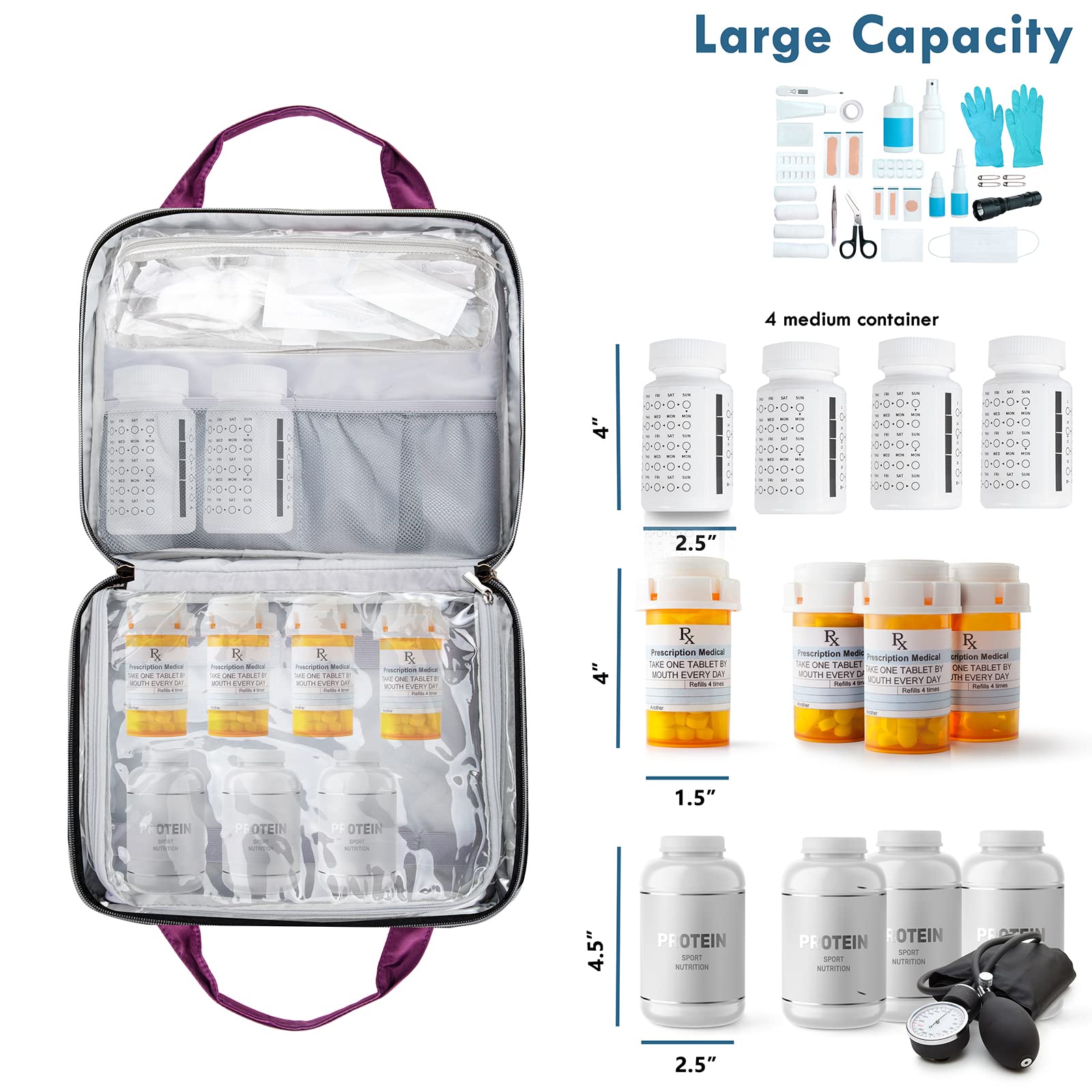 BAGSFY Medicine Bag for Traveling, Pill Bottle Organizer and Storage, Home Medication Bag, Vitamin Bottle Carrying Case Large Purple (Comes with Weekly Pill Organizer)