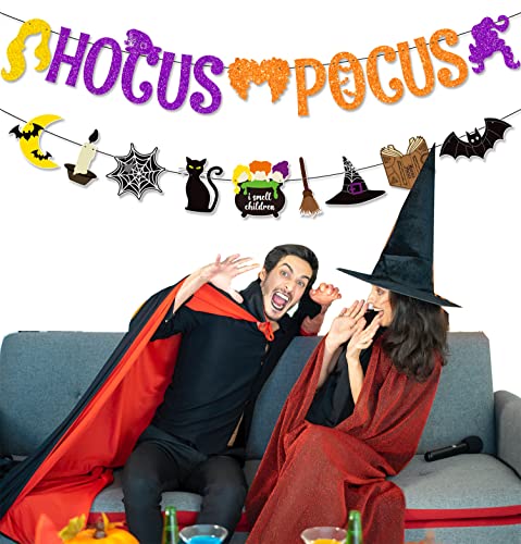 PTFNY Glittery Hocus Pocus Banner Hocus Pocus Halloween Decorations Halloween Witches Party Banner for Hocus Pocus Halloween Party Decorations Supplies