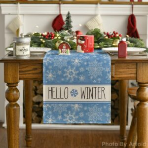 Artoid Mode Hello Winter Snowflake Blue Christmas Placemats Set of 4, 12x18 Inch Seasonal Xmas Holiday Table Mats for Party Kitchen Dining Decoration