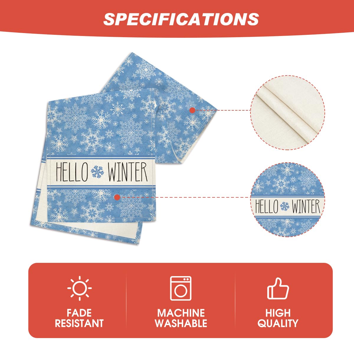 Artoid Mode Hello Winter Snowflake Blue Christmas Placemats Set of 4, 12x18 Inch Seasonal Xmas Holiday Table Mats for Party Kitchen Dining Decoration