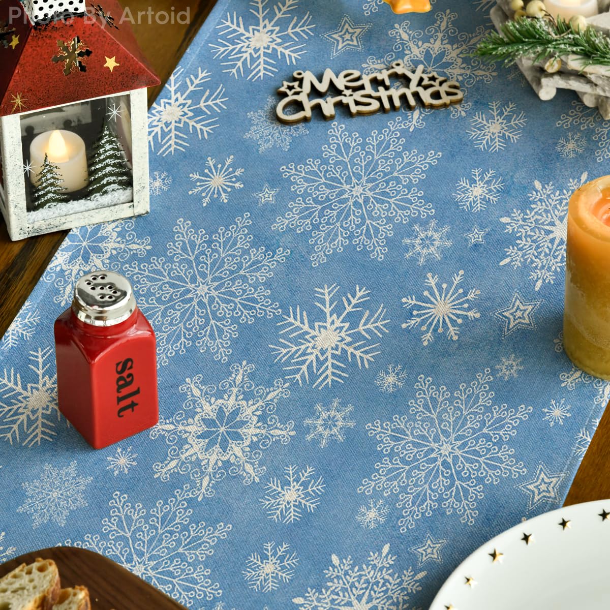 Artoid Mode Hello Winter Snowflake Blue Christmas Placemats Set of 4, 12x18 Inch Seasonal Xmas Holiday Table Mats for Party Kitchen Dining Decoration