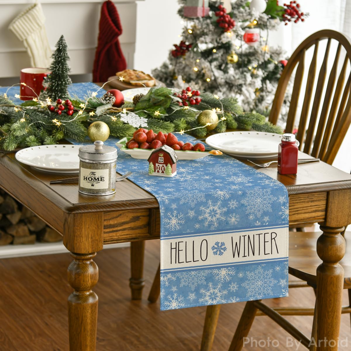 Artoid Mode Hello Winter Snowflake Blue Christmas Placemats Set of 4, 12x18 Inch Seasonal Xmas Holiday Table Mats for Party Kitchen Dining Decoration