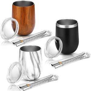 3 packs mate cup and bombilla set, including 12 oz yerba mate cup stainless steel double walled mate tea cup with lid, bombilla yerba mate straw and cleaning brush for yerba mate, tea, coffee, drinks