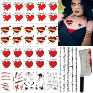 85+pcs bride of chucky tattoo, tiffany tattoo perfect for tiffany costume, barbed wire temporary tattoos, halloween scar spider temporary tattoos costume for cosplay