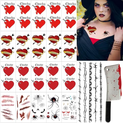 85+Pcs Bride of Chucky Tattoo, Tiffany Tattoo Perfect for Tiffany Costume, Barbed Wire Temporary Tattoos, Halloween Scar Spider Temporary Tattoos Costume for Cosplay