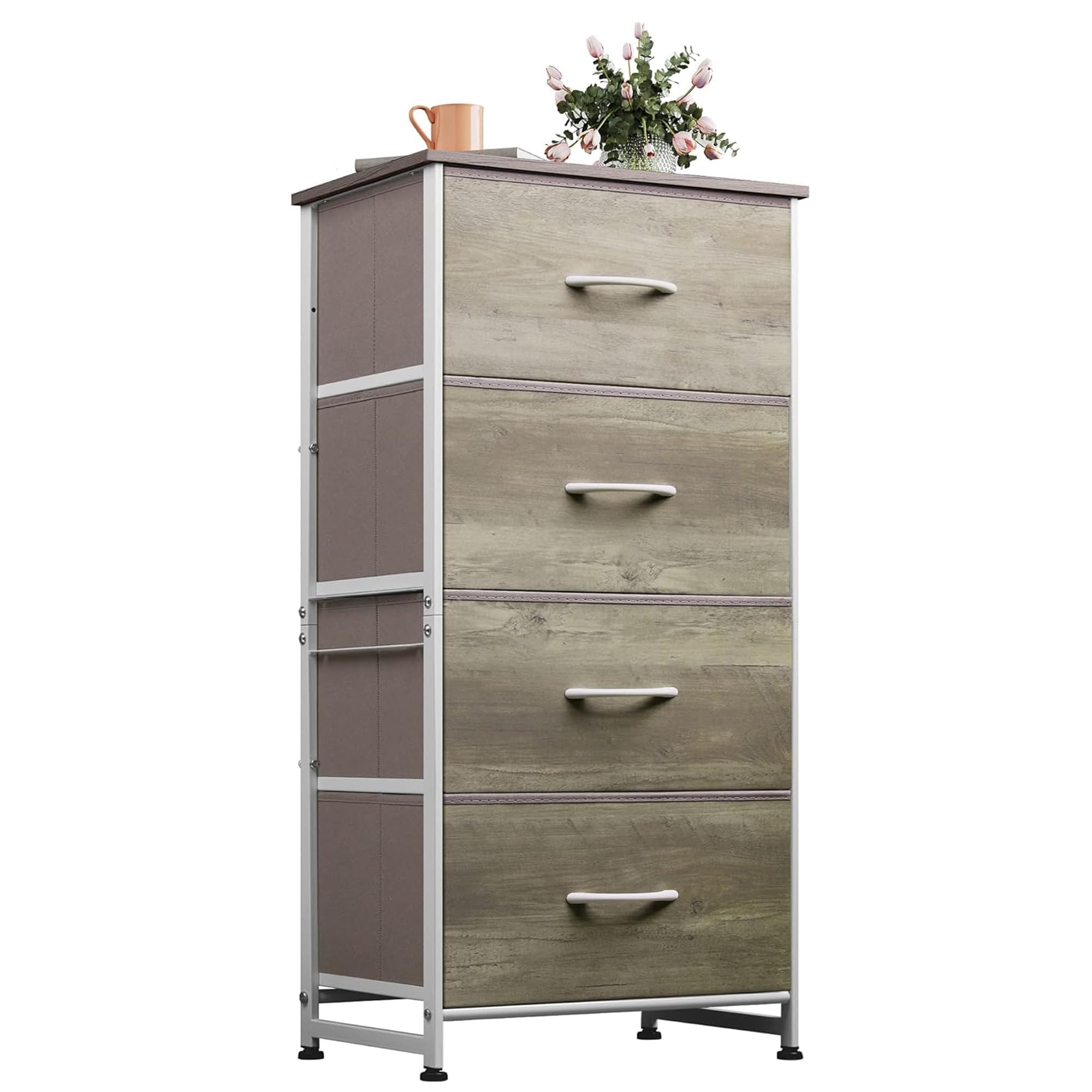 WLIVE Dresser with 4 Drawers, Storage Tower, Organizer Unit, Fabric Dresser for Bedroom, Hallway, Entryway, Closets, Sturdy Steel Frame, Wood Top, Easy Pull Handle, Greige Oak