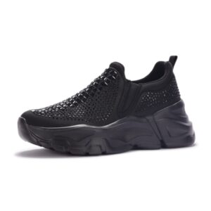 lucky step women rhinestone chunky sneaker platform sparkly elastic slip on walking shoes(black rhinestone,7.5 b(m) us)