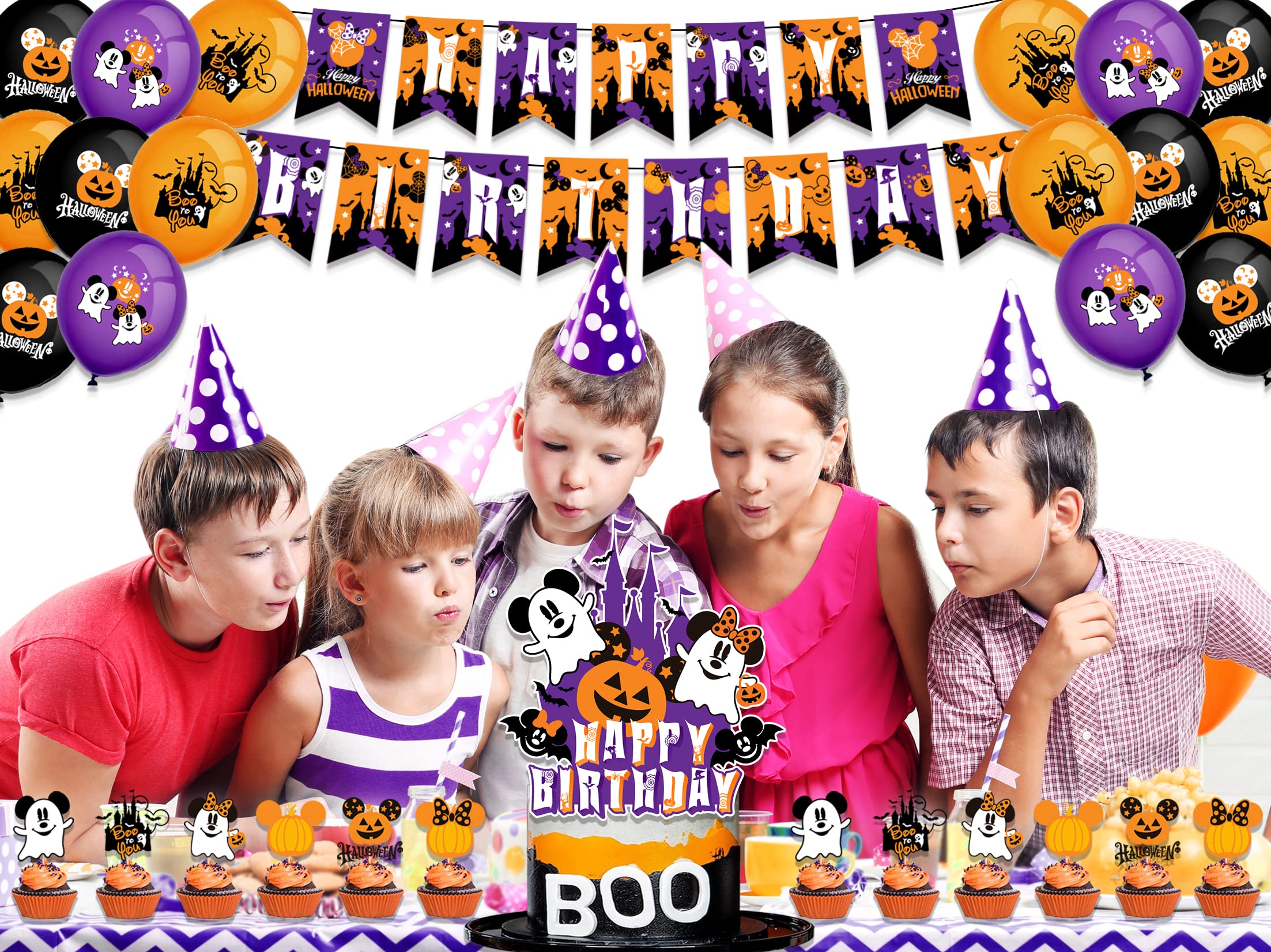 Halloween Birthday Party Supplies,Halloween Decorations Set Include Banner, Balloons, Cake Toppers and Cupcake Toppers for Boys and Girls Birthday Party