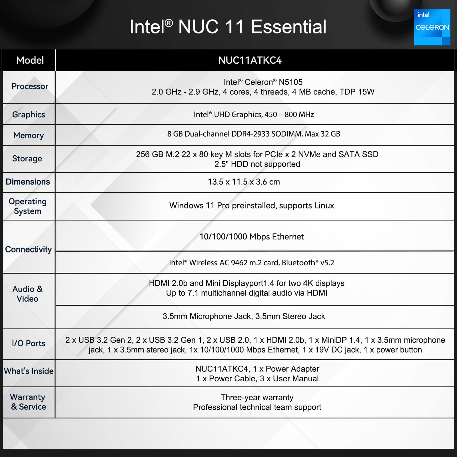 Intel NUC 11 Mini PC with Quad-Core Celeron N5105, Versatile Mini Computers 8GB DDR4 RAM & 256GB SSD - Support HDMI Dual 4K UHD/Bluetooth v5.2/Windows 11 Pro preinstalled（NUC11ATKC4）