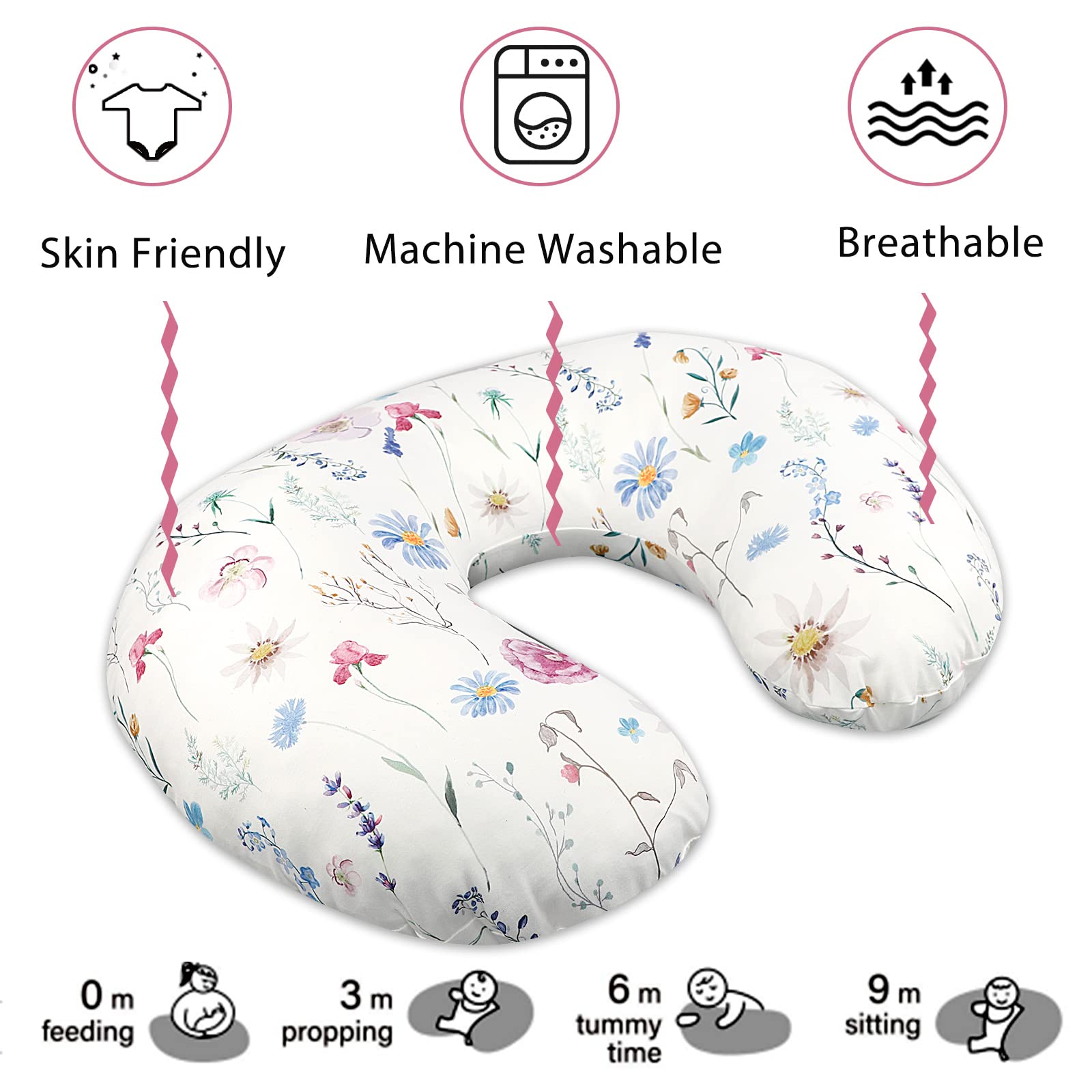 Nursing Pillow Cover Breastfeeding Pillow Slipcover for Moms Soft Breathable Organic Knit Fabric Newborn Infant Feeding Pillow Covers for Baby Girl Boy, Stylish Floral