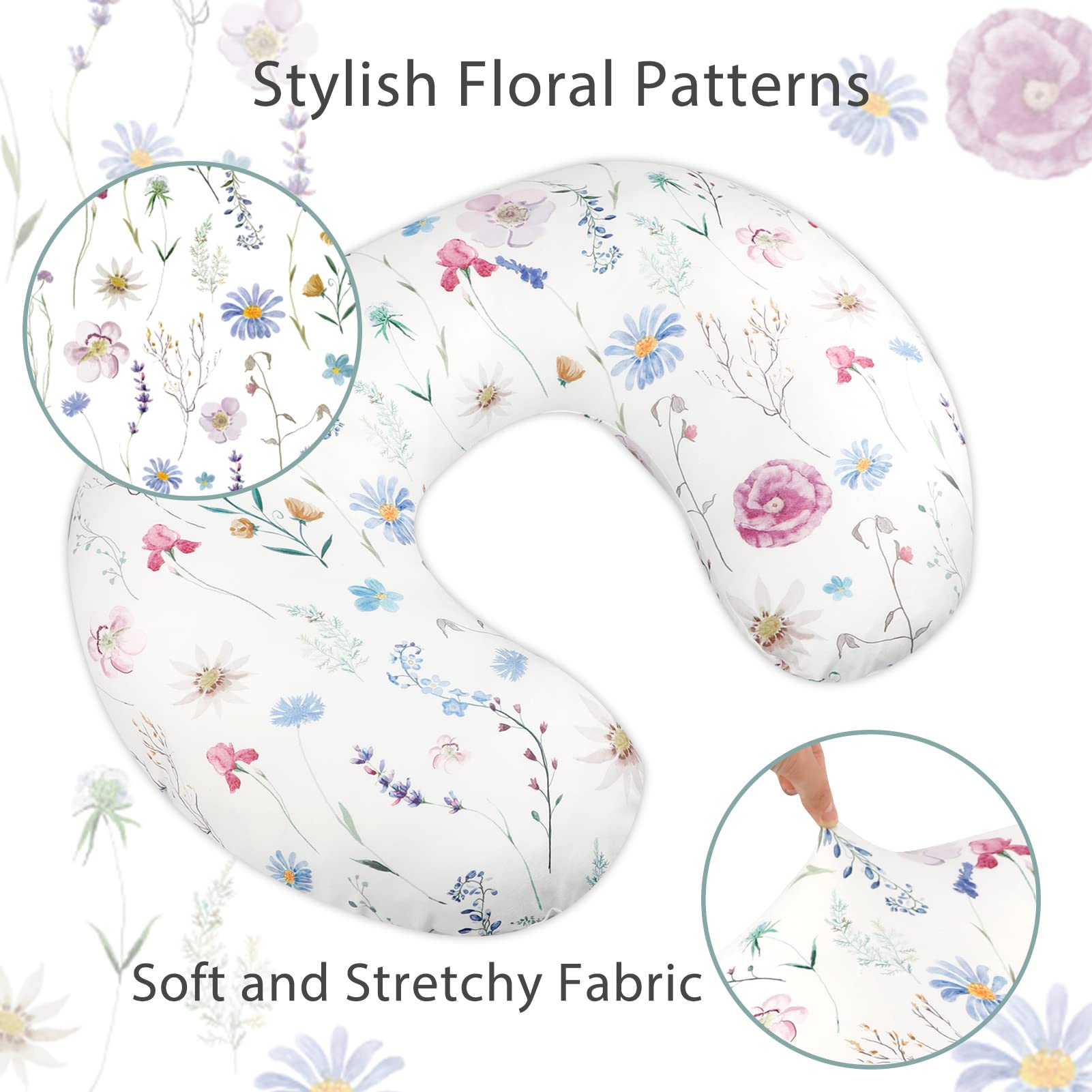 Nursing Pillow Cover Breastfeeding Pillow Slipcover for Moms Soft Breathable Organic Knit Fabric Newborn Infant Feeding Pillow Covers for Baby Girl Boy, Stylish Floral