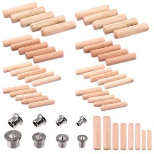 hilitchi 508pcs 1/4" 5/16" 3/8" 1/2" fluted wood dowel pins with dowel pins center point, wooden pegs beveled ends and center point woodworking alignment tool for furniture door