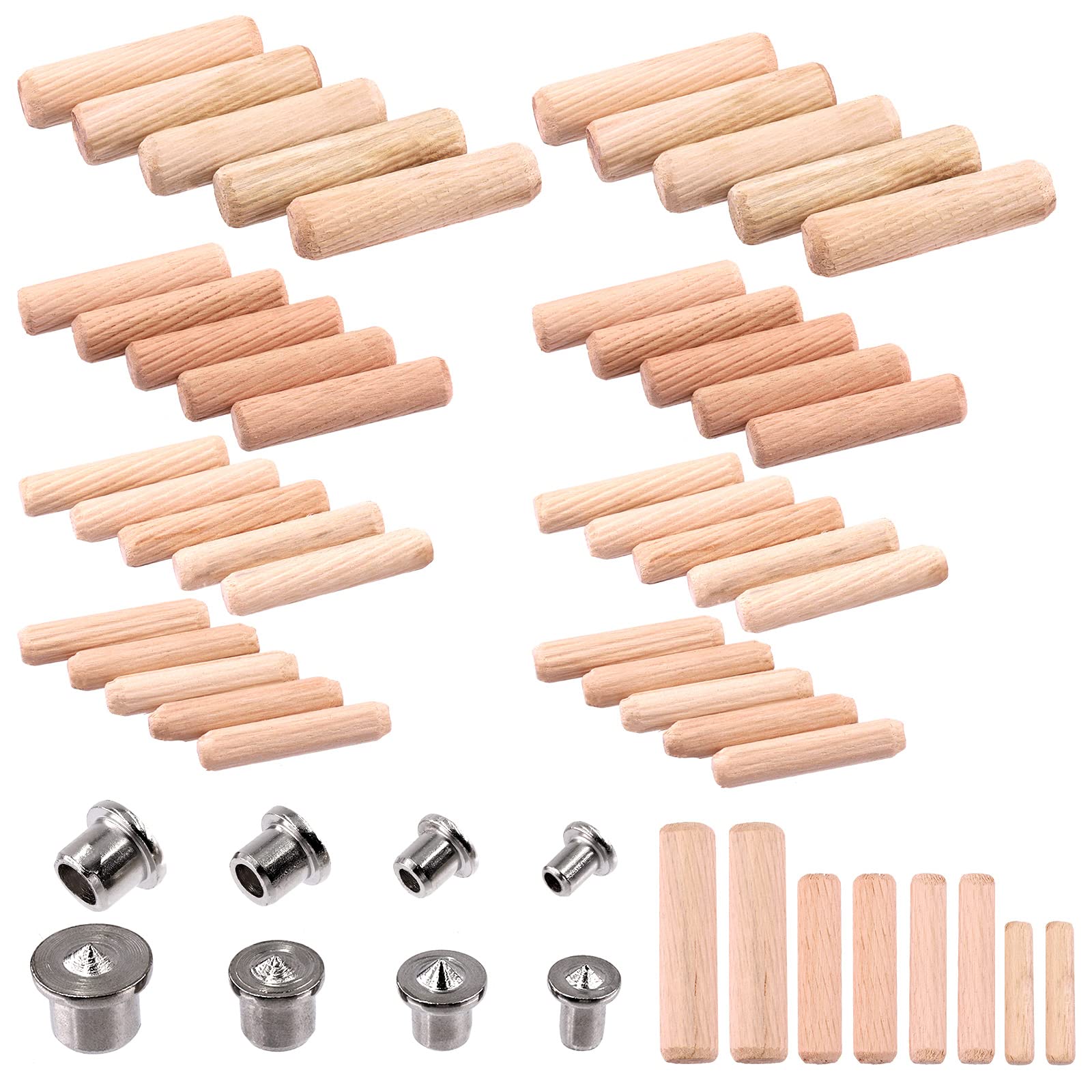 Hilitchi 508Pcs 1/4" 5/16" 3/8" 1/2" Fluted Wood Dowel Pins with Dowel Pins Center Point, Wooden Pegs Beveled Ends and Center Point Woodworking Alignment Tool for Furniture Door