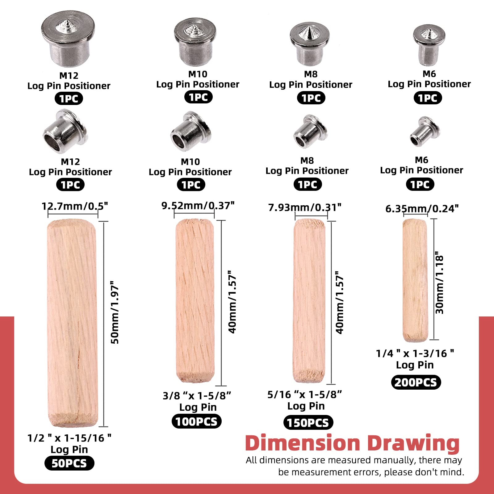 Hilitchi 508Pcs 1/4" 5/16" 3/8" 1/2" Fluted Wood Dowel Pins with Dowel Pins Center Point, Wooden Pegs Beveled Ends and Center Point Woodworking Alignment Tool for Furniture Door