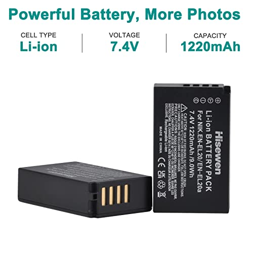 Hisewen EN-EL20 EN-EL20a Battery and Dual Charger for Nikon Coolpix P950, P1000, DL24-500, Coolpix A, 1 AW1, 1 J1, 1 J2, 1 J3, 1 S1, 1 V3 Digital Camera.