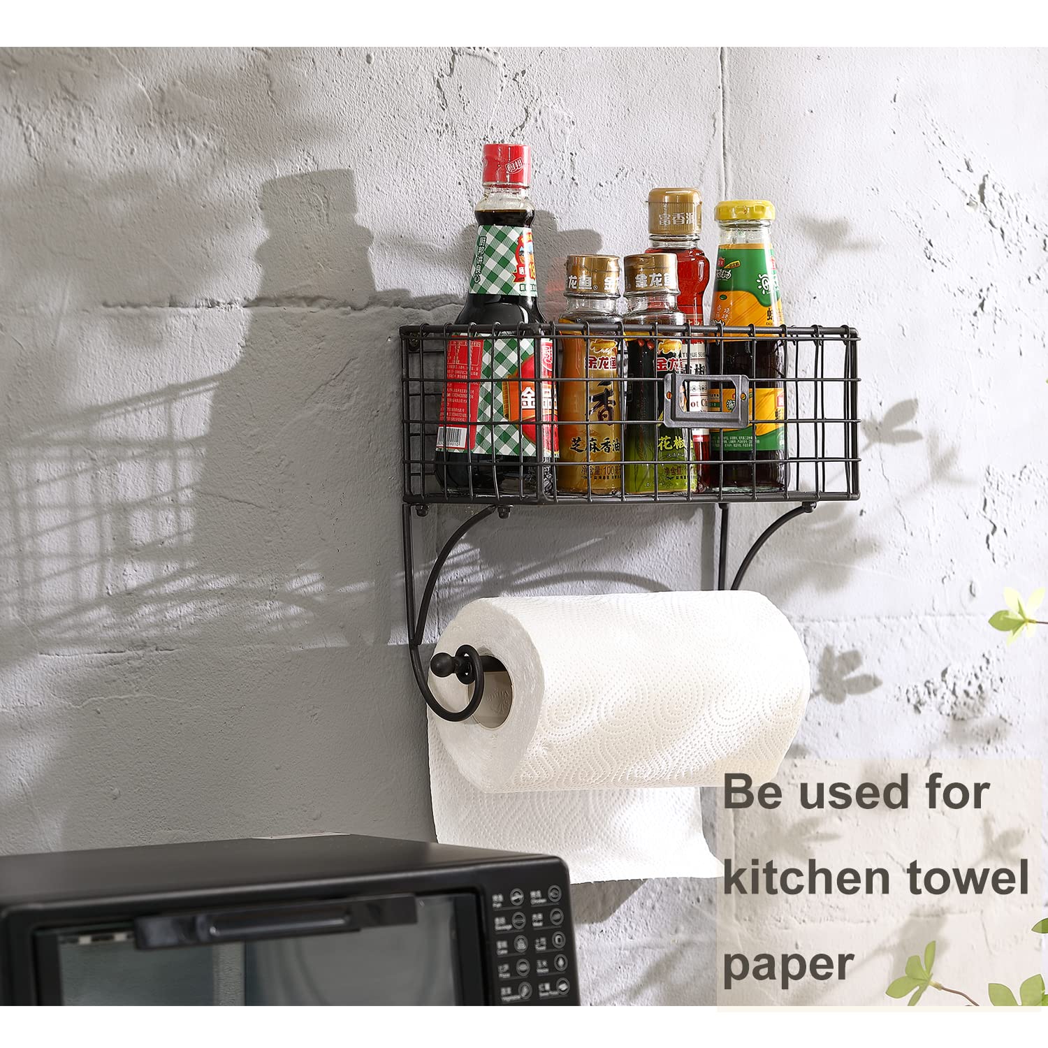 Jemeni Paper Towel Holder Wall Mount with Basket Storage Organizer for Kitchen Bathroom, Gray, 14" W x 5.7" D