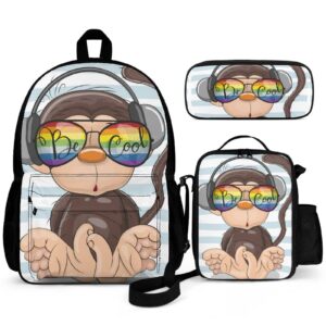 delerain cute monkey 3 pcs backpack set for kids back to school bookbag with lunch box and pencil case durable lightweight travel for teens students boys girls
