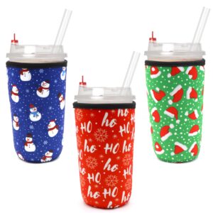 reusable iced coffee sleeve for cold drink cups, neoprene insulator cup cover holder compatible with starbucks dunkin mcdonalds coffee - 3mm thick (large size 30-32oz,christmas hats style)