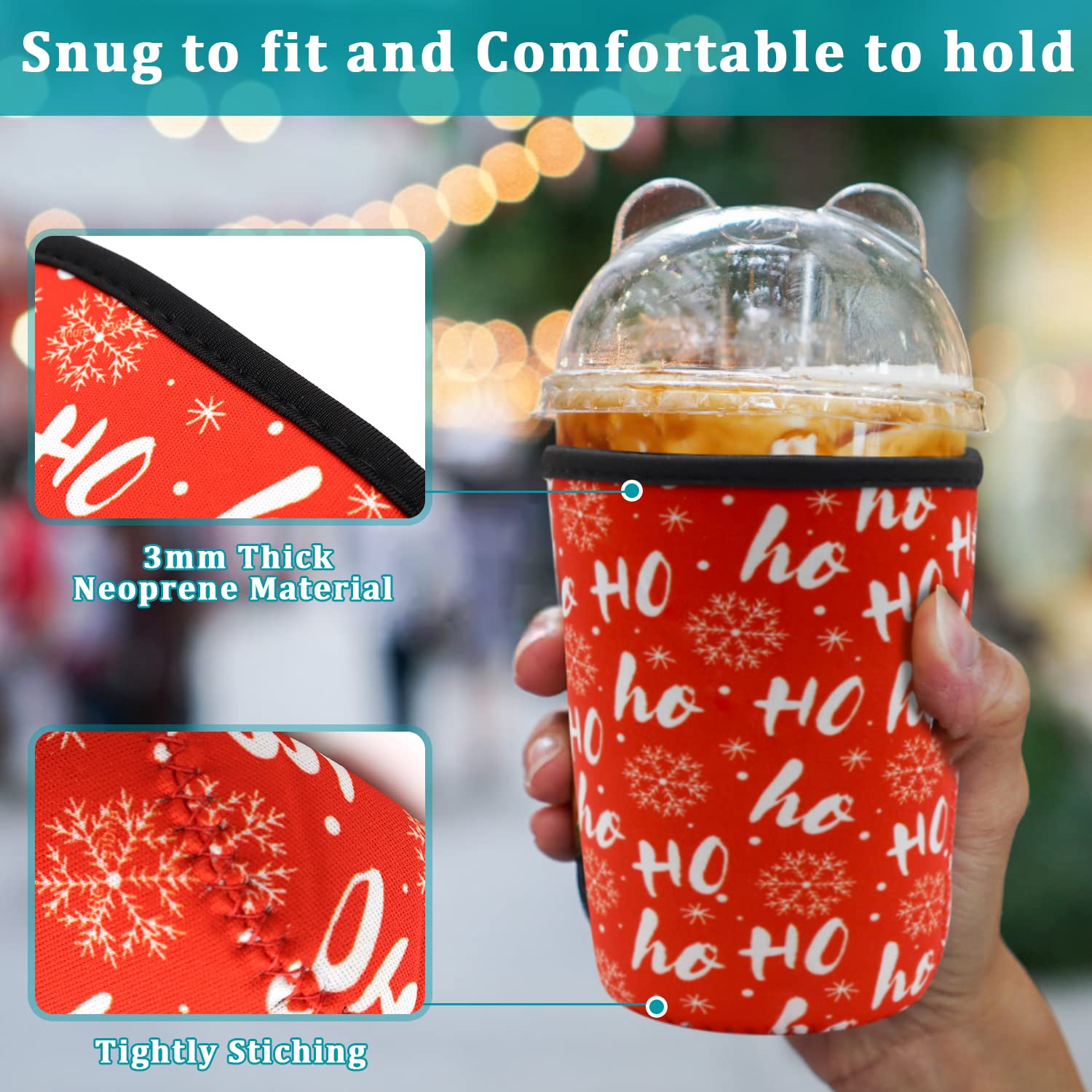 Reusable Iced Coffee Sleeve for Cold Drink Cups, Neoprene Insulator Cup Cover Holder Compatible with Starbucks Dunkin McDonalds Coffee - 3mm Thick (Large Size 30-32oz,Christmas hats style)