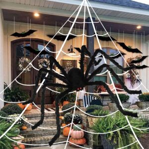 halloween giant spider decorations, 200" spider web outdoor halloween decorations + 59" giant fake spider for indoor home costumes party haunted house garden ghost halloween yard decor