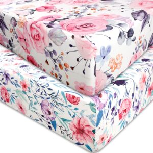 floral crib sheets for baby girls 2 pack, fits standard nursery crib mattress & toddler bed mattress 28x 52, soft stretchy snug neutral baby crib fitted sheets