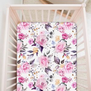 Floral Crib Sheets for Baby Girls 2 Pack, Fits Standard Nursery Crib Mattress & Toddler Bed Mattress 28x 52, Soft Stretchy Snug Neutral Baby Crib Fitted Sheets