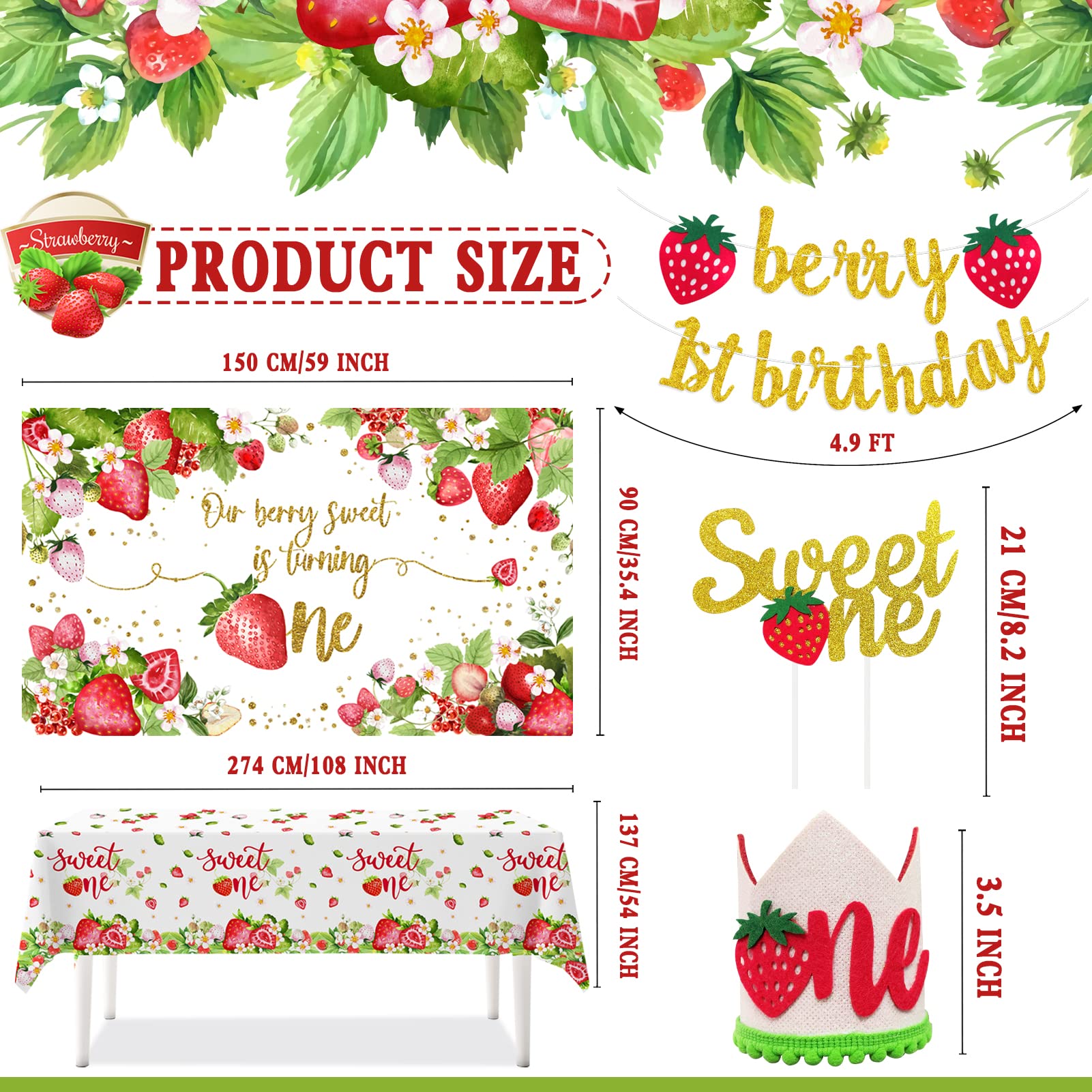 Strawberry First Birthday Party Decoration Pack for Girls Sweet One Shortcake Party Supplies 84 Pcs (Backdrop, Tablecloth, Banner, Crown, Cupcake Toppers, Honeycomb Decor, Balloons) (Sweet One)