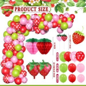 Strawberry First Birthday Party Decoration Pack for Girls Sweet One Shortcake Party Supplies 84 Pcs (Backdrop, Tablecloth, Banner, Crown, Cupcake Toppers, Honeycomb Decor, Balloons) (Sweet One)