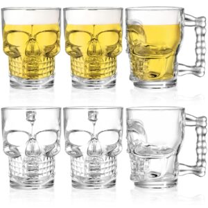 hacaroa 6 pack 17 oz skull glass beer mug with handle, heavy base drinking tiki glasses, clear funny beer stein cup for whiskey, wine, juice, bar, halloween decorations gifts