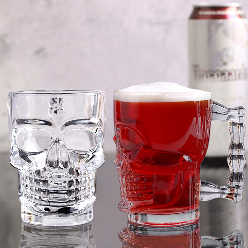 Hacaroa 6 Pack 17 Oz Skull Glass Beer Mug with Handle, Heavy Base Drinking Tiki Glasses, Clear Funny Beer Stein Cup for Whiskey, Wine, Juice, Bar, Halloween Decorations Gifts