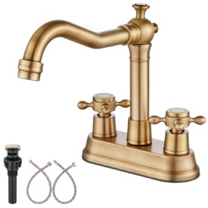 aolemi antique brass 4 inch centerset deck mounted bathroom sink faucet vintage with 2 cross handles rv mixer tap basin vanity lavatory utility for sink 3 hole include water hose & pop up drain
